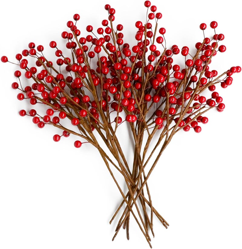 TIDALJAM 12pcs13.5" Red Holly Berry Stems for Christmas Tree, Faux Greenery Picks and Sprays as Holiday Decorations, Berry Garland Planter Filler Branches for Evergreen Outdoor Planters,Christmas Décor with - Image 1